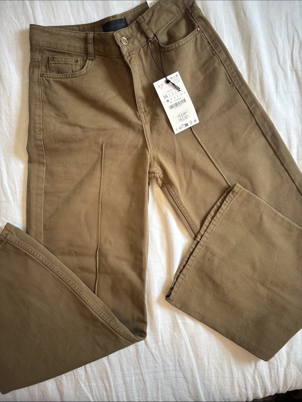 Zara Z1975 High-Waisted Wide Leg Olive Khaki Denim 100% Cotton Sz 2 NWT